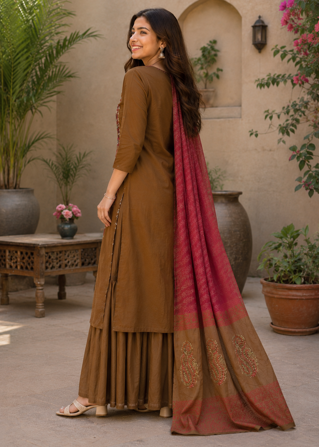 Noor-E-Zar Chocolate Brown Embroidered Kurta Sharara Set With Dupatta