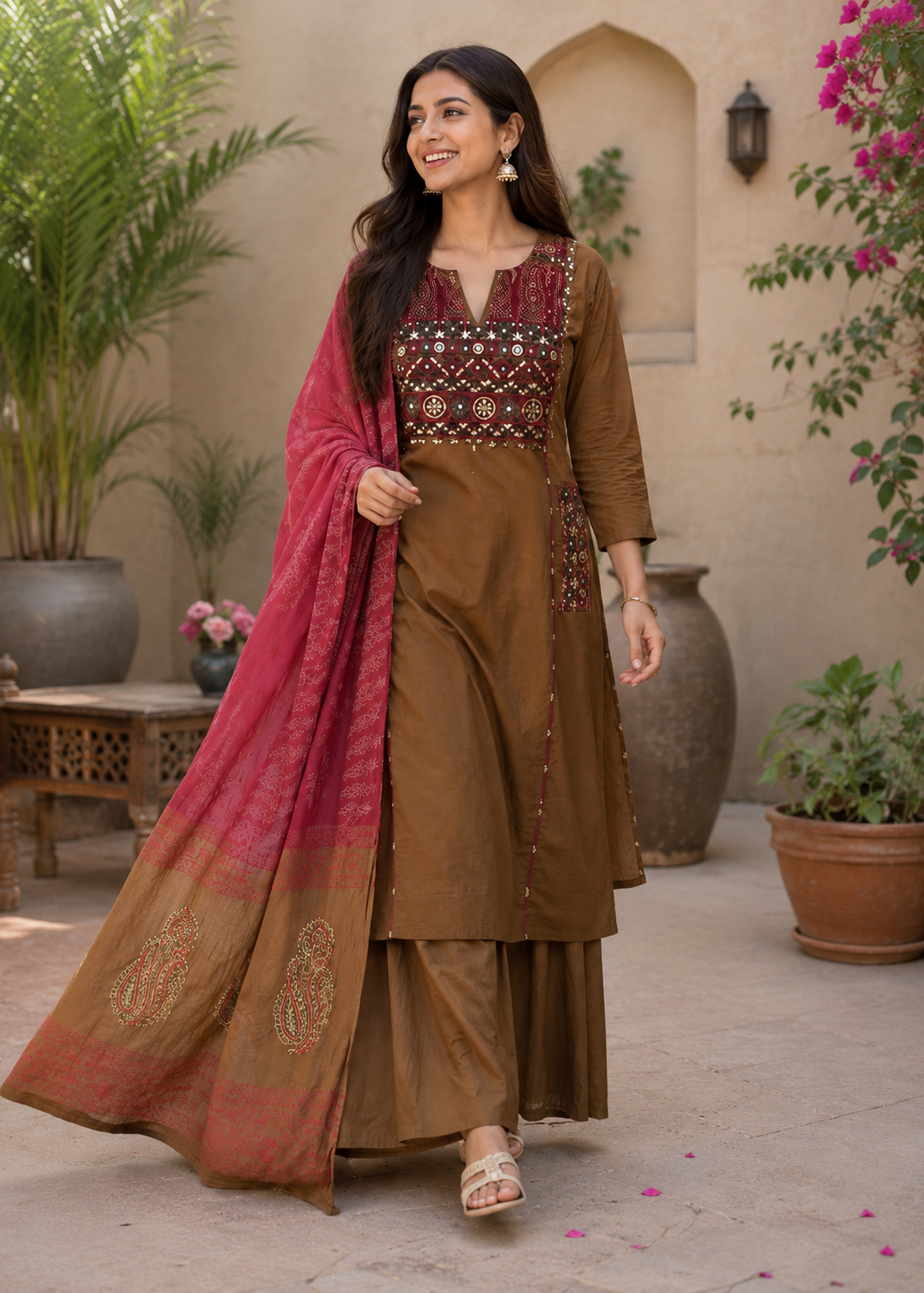 Noor-E-Zar Chocolate Brown Embroidered Kurta Sharara Set With Dupatta