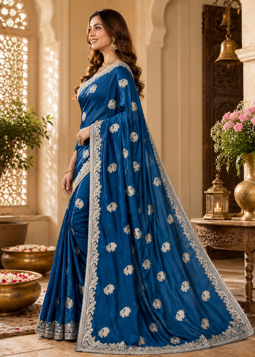 Woman wearing a blue saree with white patterns in an ornate indoor setting.