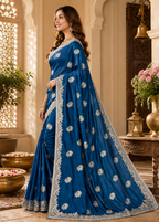Woman wearing a blue saree with white patterns in an ornate indoor setting.