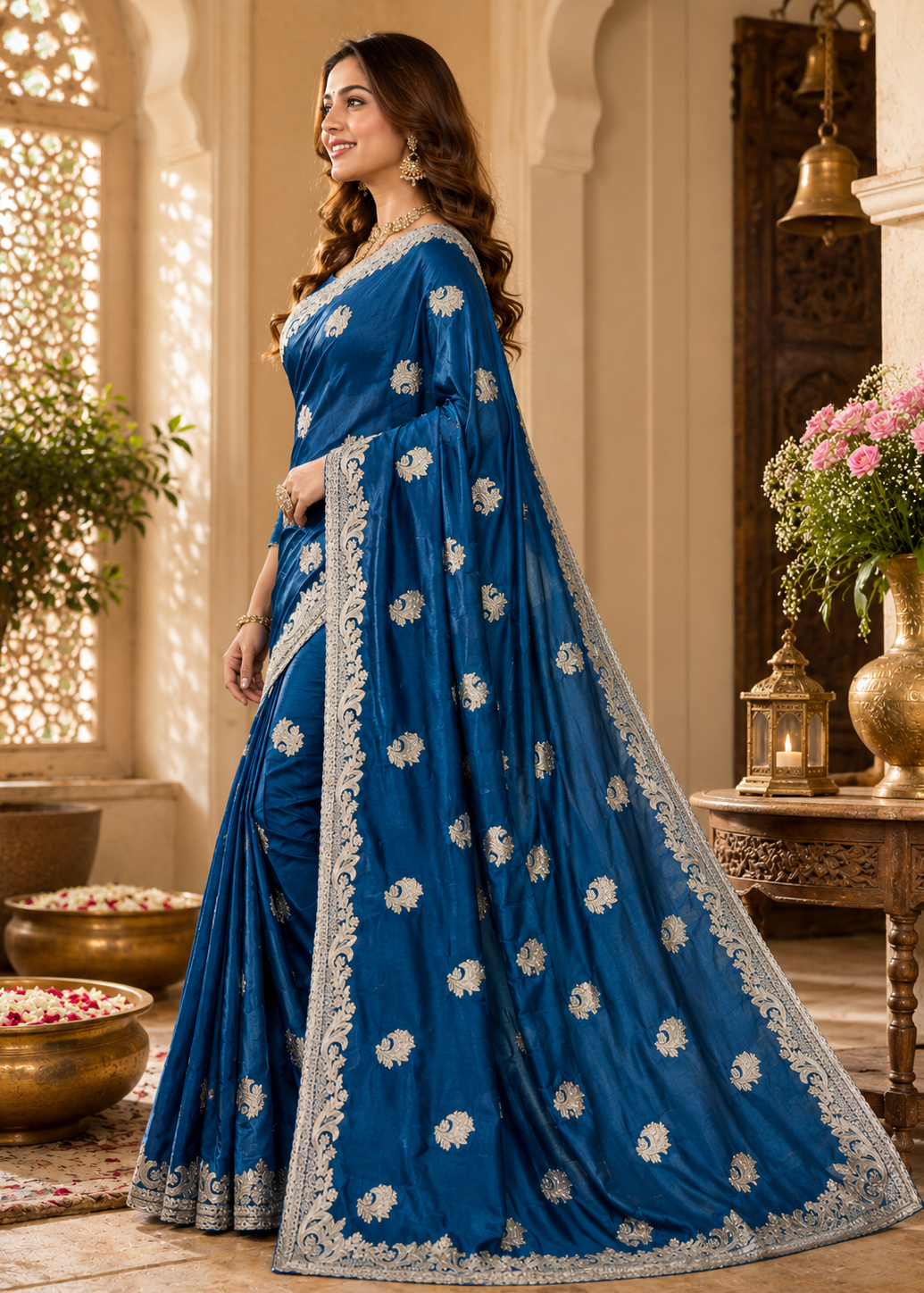 Woman wearing a blue saree with white patterns in an ornate indoor setting.