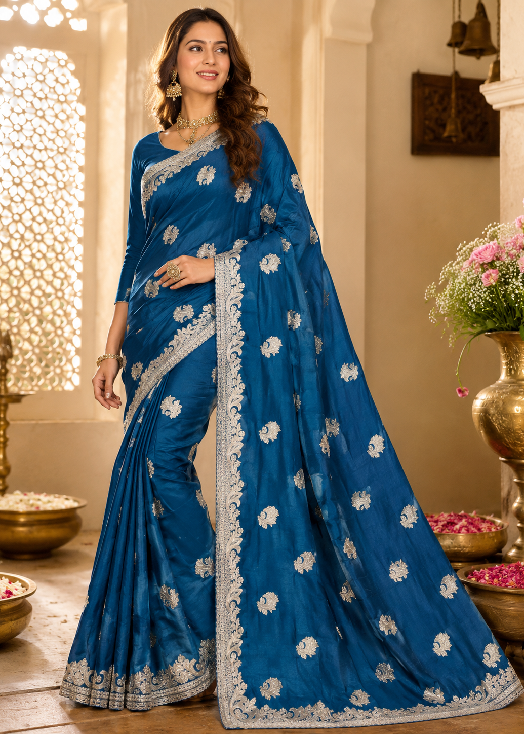 Royal Azure Embroidered Victora Silk Saree