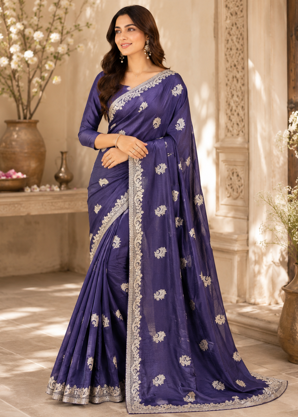 Royal Purple Allover Embroidery Jari Butta & Border Victra Silk Saree