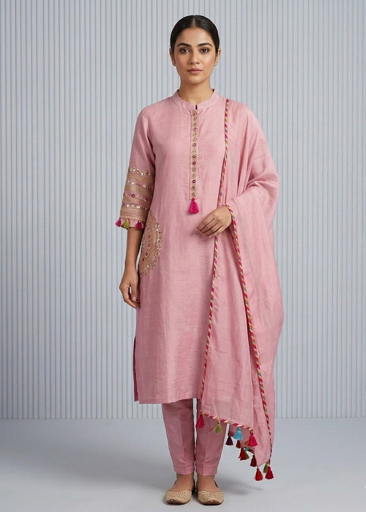 Intricate Pink Embroidered Kurta Set with Dupatta for Women