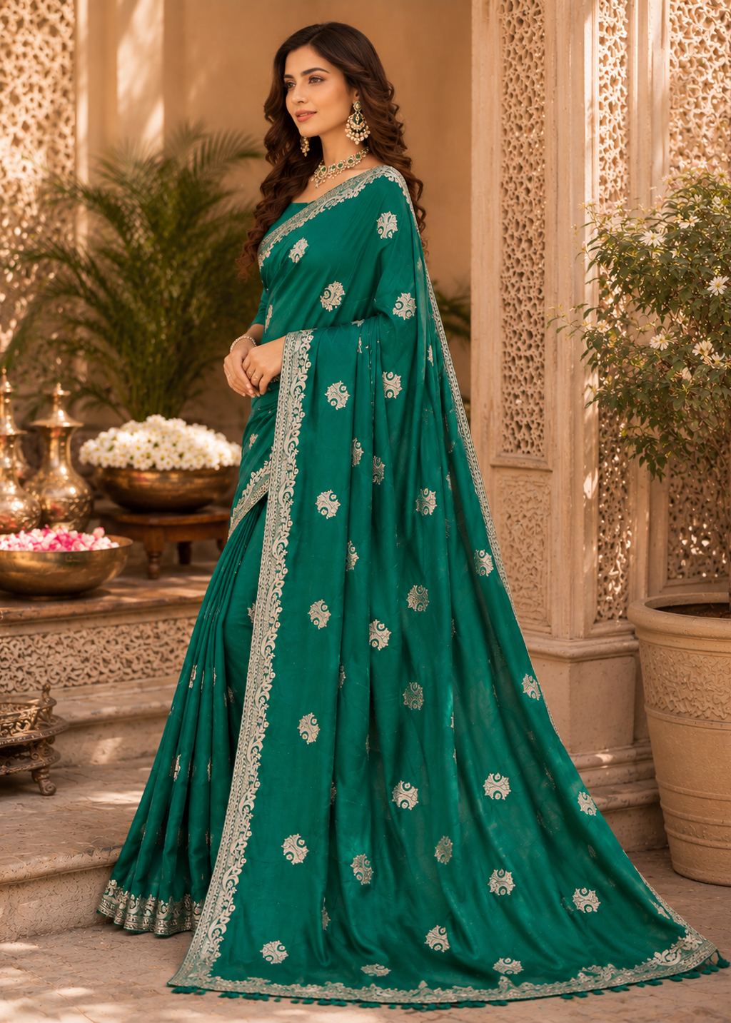 Woman wearing a teal saree with silver patterns in an ornate indoor setting.