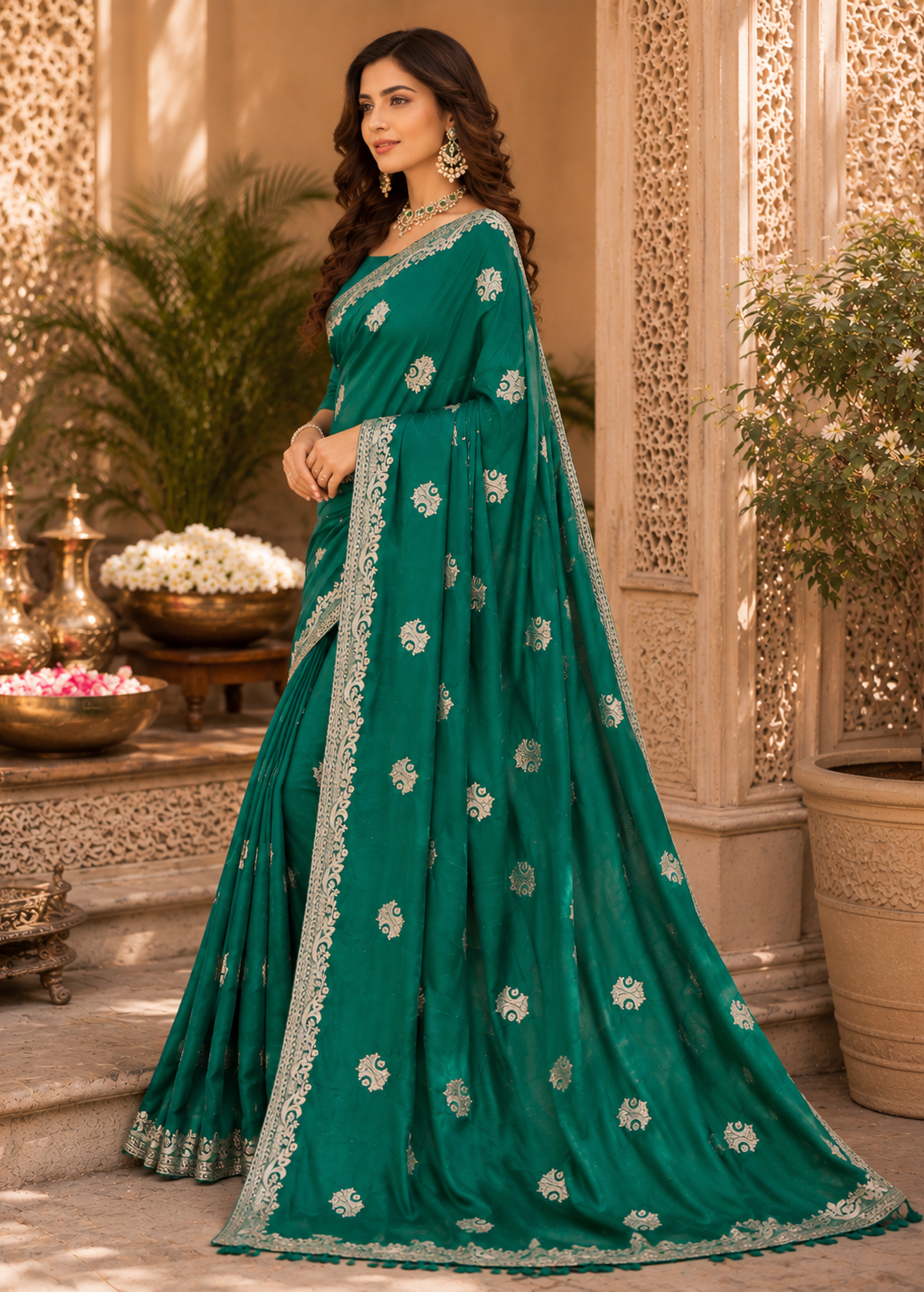 Woman wearing a teal saree with silver patterns in an ornate indoor setting.