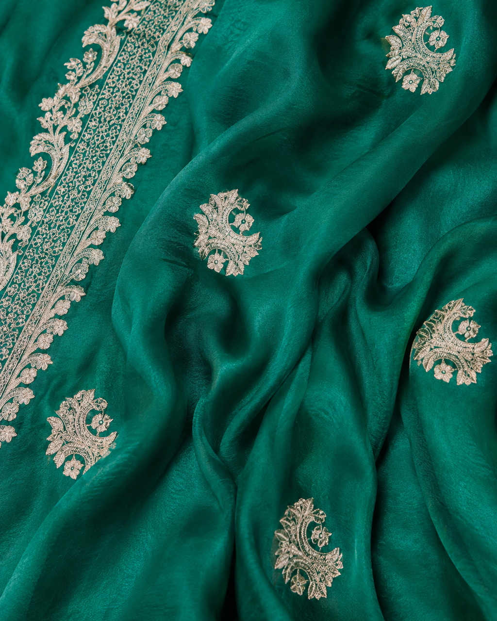 Emerald Green Embroidered Victra Silk Saree with Jari Butta & Rich Border Work