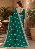 Emerald Green Embroidered Victra Silk Saree with Jari Butta & Rich Border Work