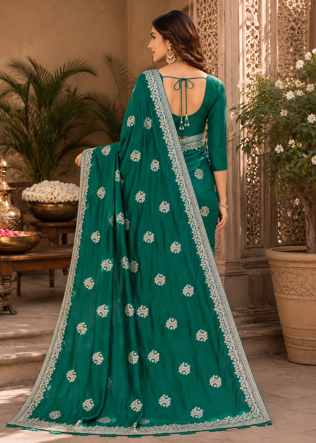Emerald Green Embroidered Victra Silk Saree with Jari Butta & Rich Border Work