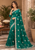 Emerald Green Embroidered Victra Silk Saree with Jari Butta & Rich Border Work
