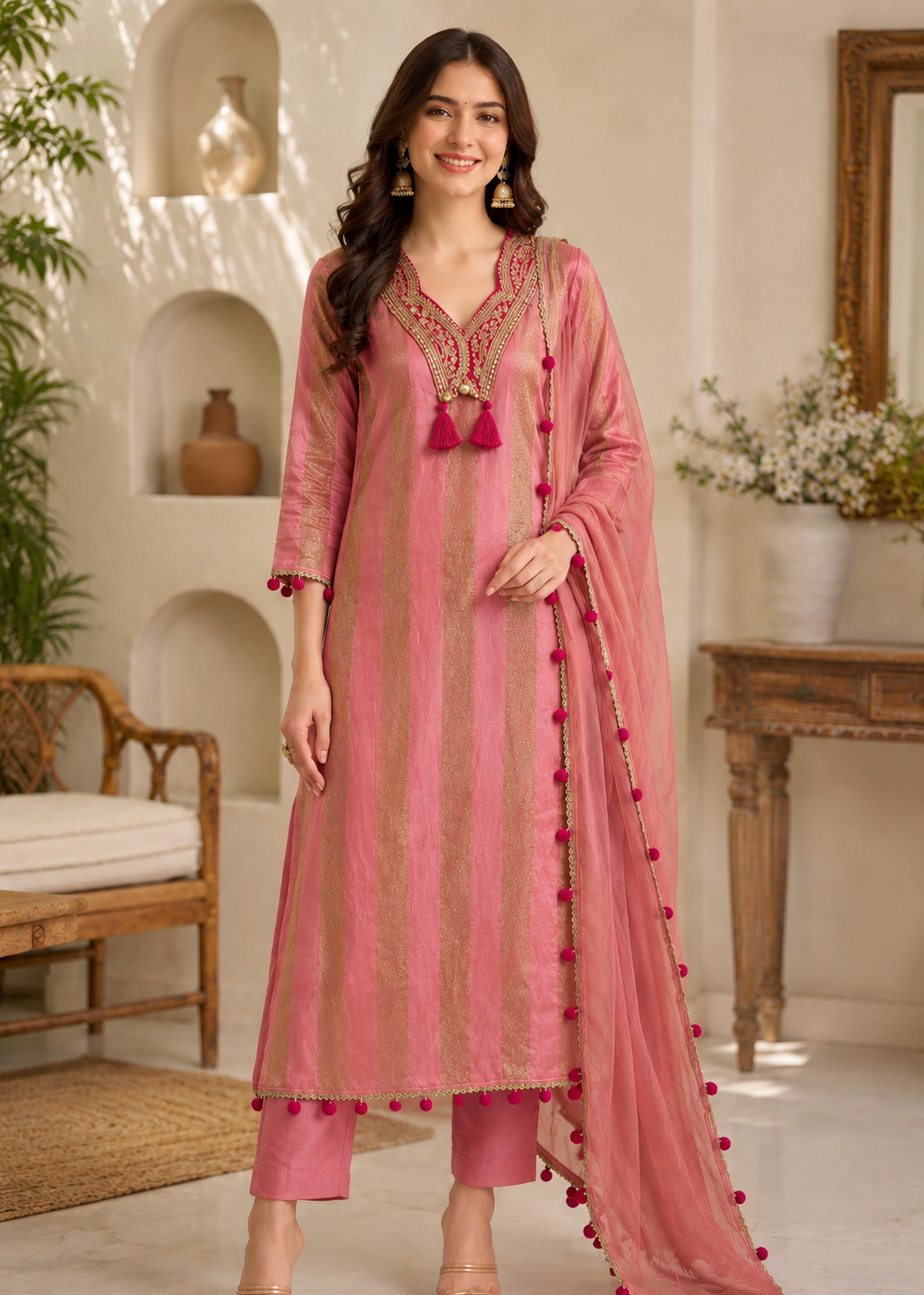 A woman models a three-piece pink ethnic suit set featuring a kurta with gold vertical stripes, matching trousers, and a sheer dupatta with pom-pom trim, set against a warm, decorated interior background.
