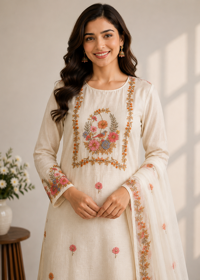 A woman wearing a cream-colored traditional embroidered kurta set with a matching dupatta, featuring floral embroidery on the chest and sleeves, set against a softly lit indoor background.