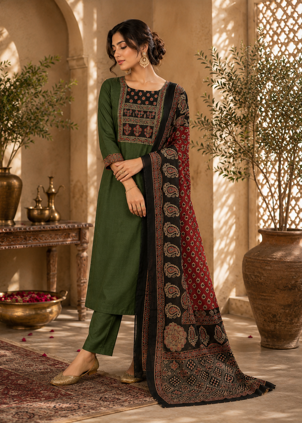 Woman in a green and patterned outfit standing in a decorative indoor setting with plants and vases.