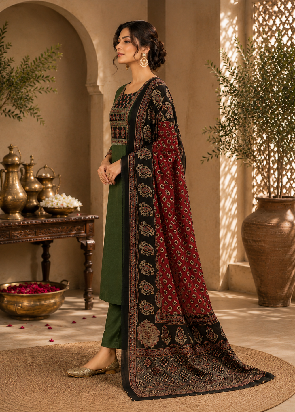 Forest Green Ajrak Printed Kurta Set with Dupatta