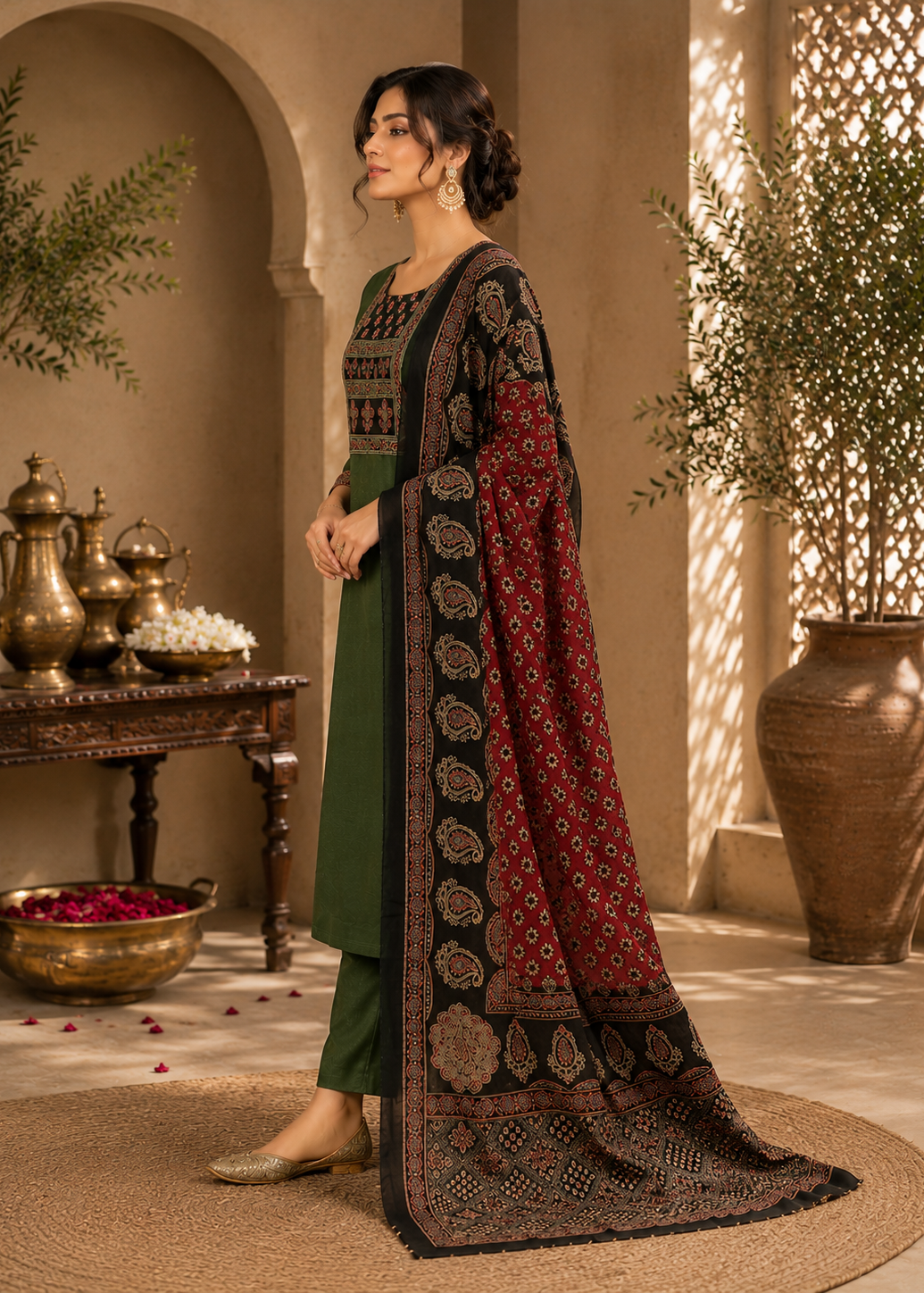 Forest Green Ajrak Printed Kurta Set with Dupatta