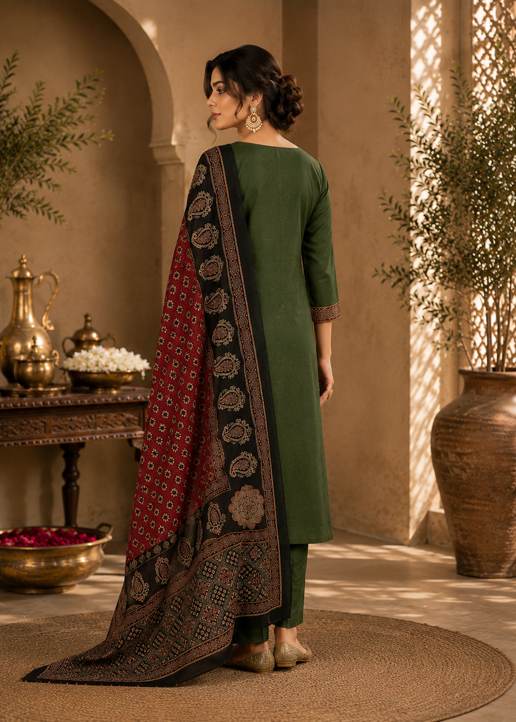 Forest Green Ajrak Printed Kurta Set with Dupatta
