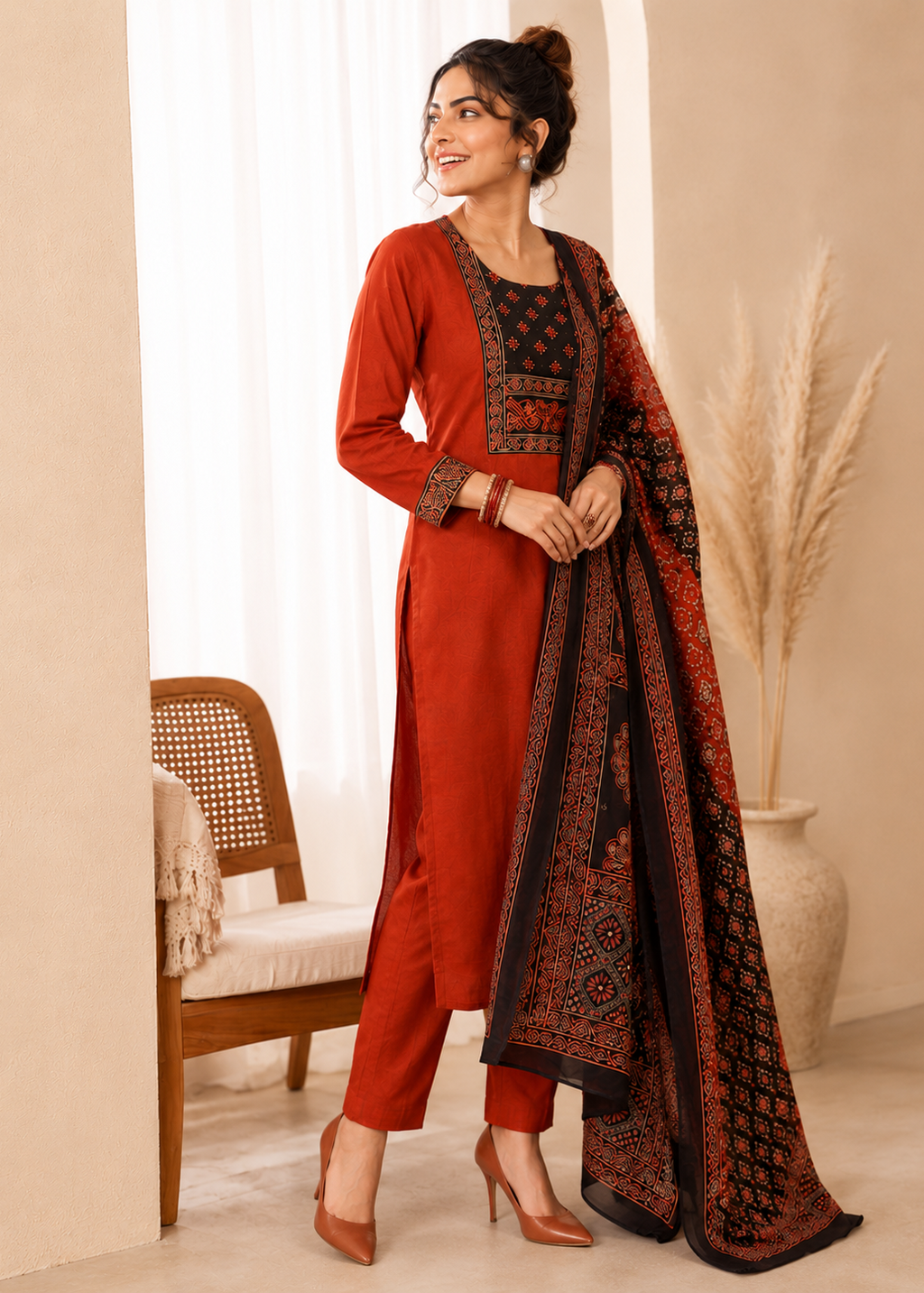 Woman in a red traditional outfit with a patterned dupatta standing in a room.