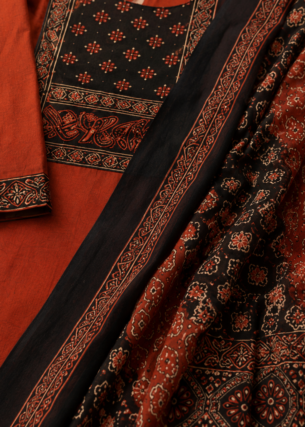 Rust Red Ajrak Printed Kurta Set with Dupatta