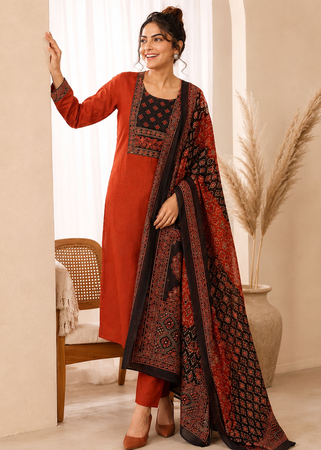 Rust Red Ajrak Printed Kurta Set with Dupatta