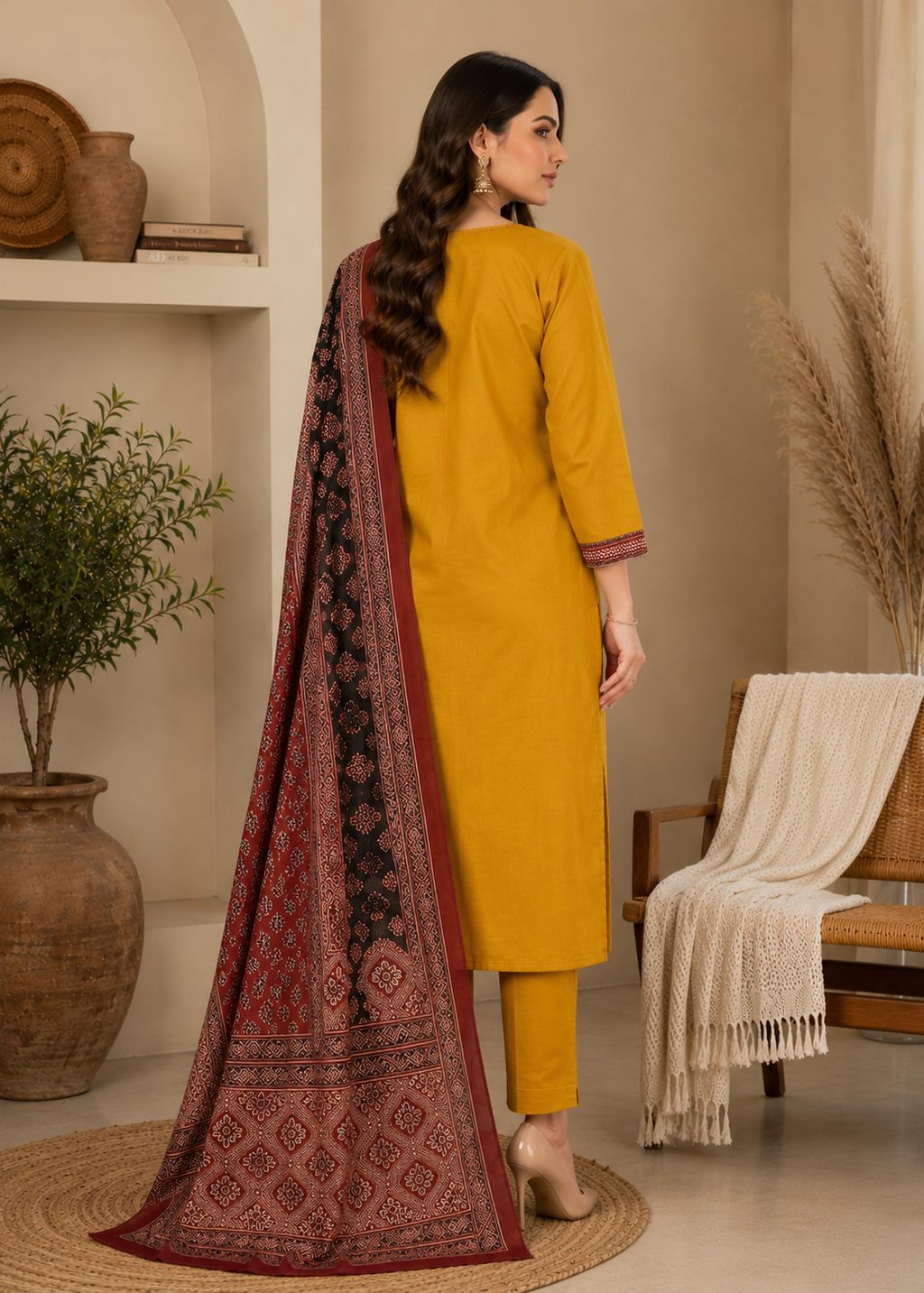Mustard Yellow Pure Dabu Ajrak Printed Kurta Pant Dupatta Set