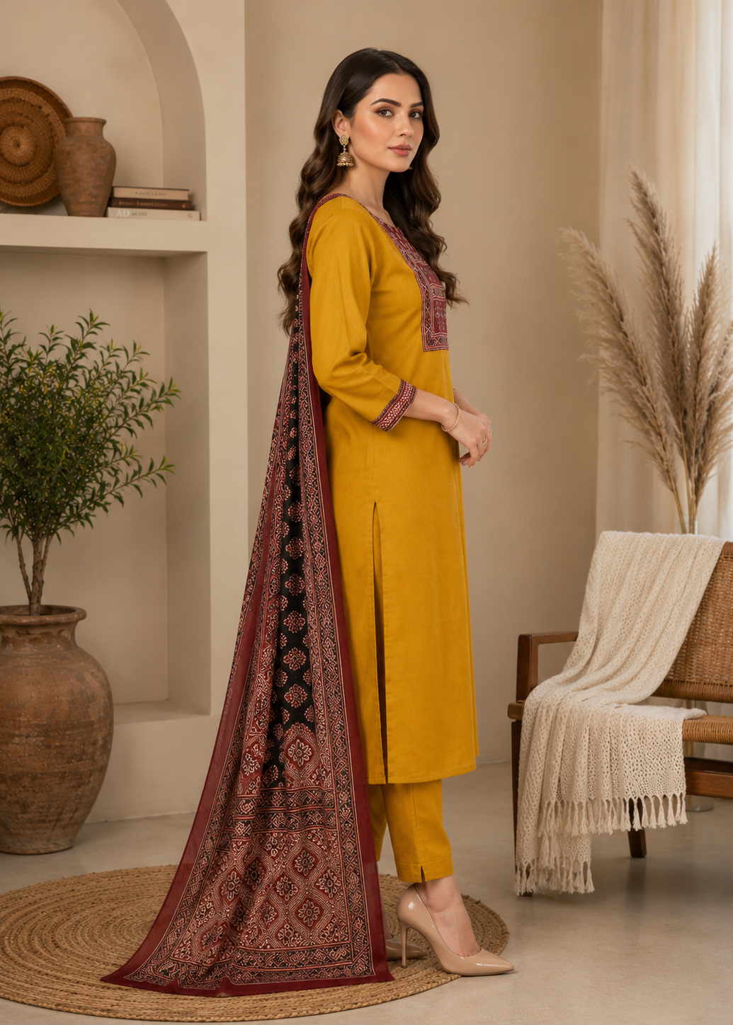 Woman in a yellow traditional outfit with a patterned scarf standing in a room with decor elements.