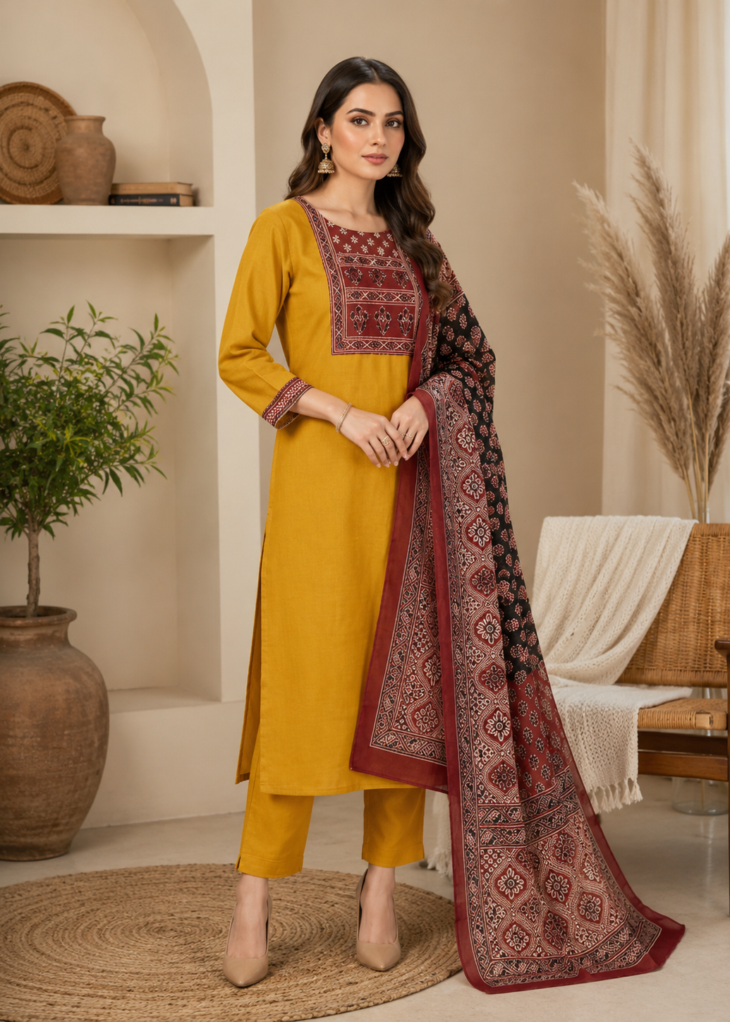 Woman in a yellow kurta with red and gold embroidery, standing in a home setting.