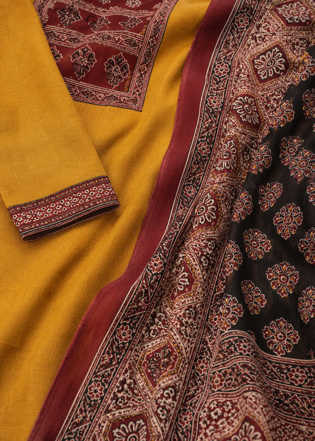Mustard Yellow Pure Dabu Ajrak Printed Kurta Pant Dupatta Set