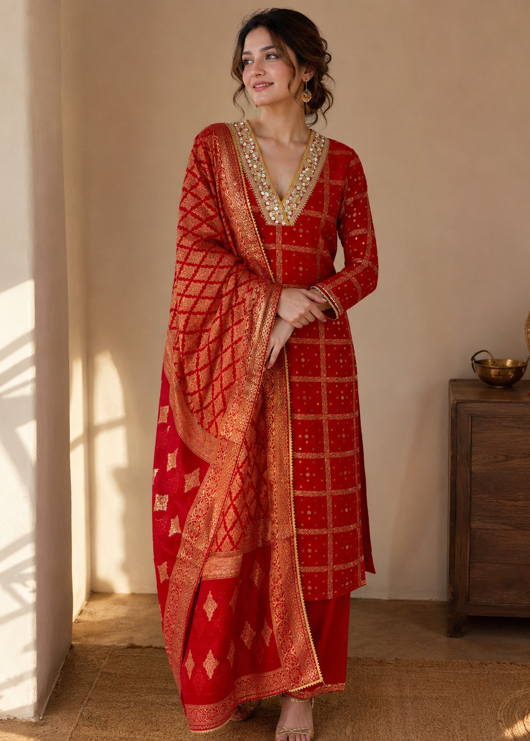 A woman models a traditional red Indian salwar kameez suit with gold zari embroidery and a matching red dupatta, set against a warm beige wall and wooden furniture.