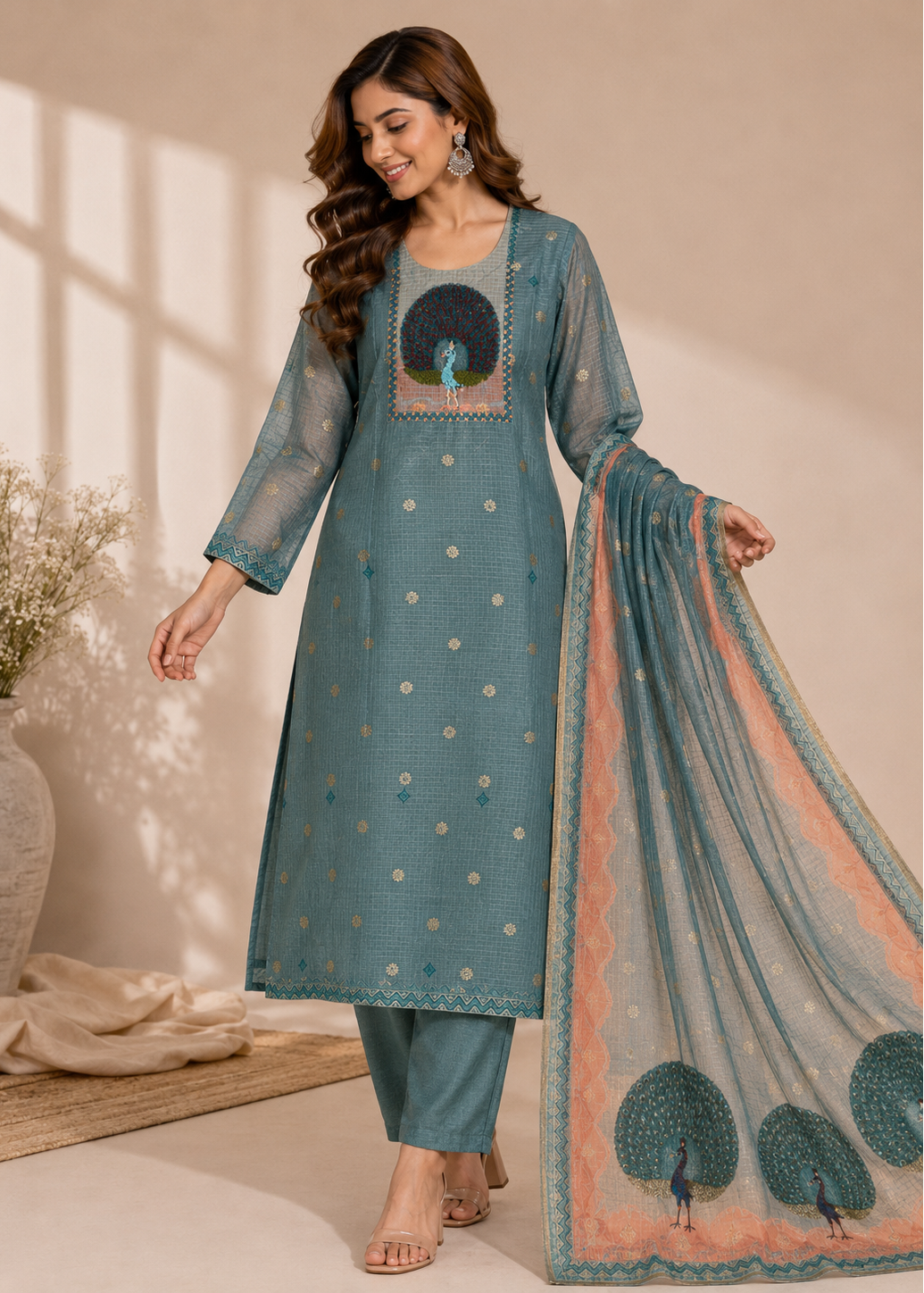 A woman models a teal blue ethnic salwar kameez suit with matching pants and a sheer dupatta. The kurta features a printed peacock motif on the chest, small metallic dot patterns, and a peach-colored border on the dupatta with peacock designs.