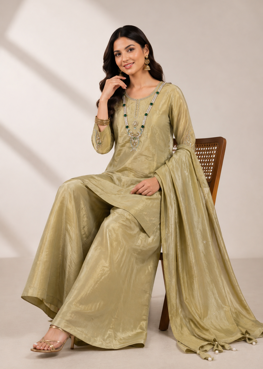 A woman models a light olive green traditional three-piece salwar kameez suit with a matching dupatta, sitting on a wooden chair against a neutral beige background.