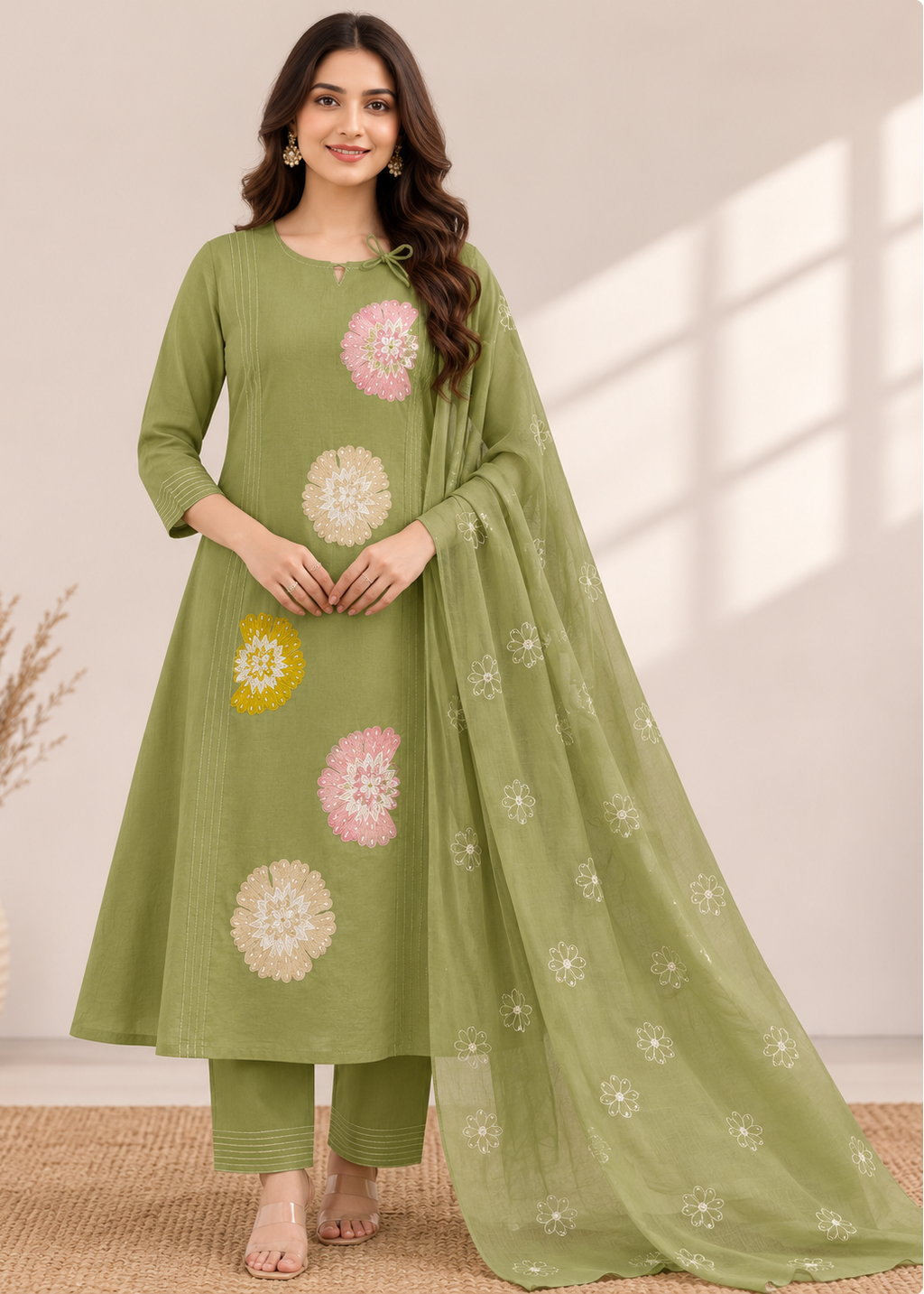 A woman models a sage green three-piece salwar kameez suit with floral embroidery. The set includes a long tunic with pink, yellow, and white embroidered motifs, matching green trousers, and a sheer green dupatta with small floral prints.