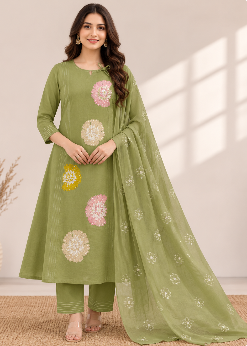 A woman models a sage green three-piece salwar kameez suit with floral embroidery. The set includes a long tunic with pink, yellow, and white embroidered motifs, matching green trousers, and a sheer green dupatta with small floral prints.