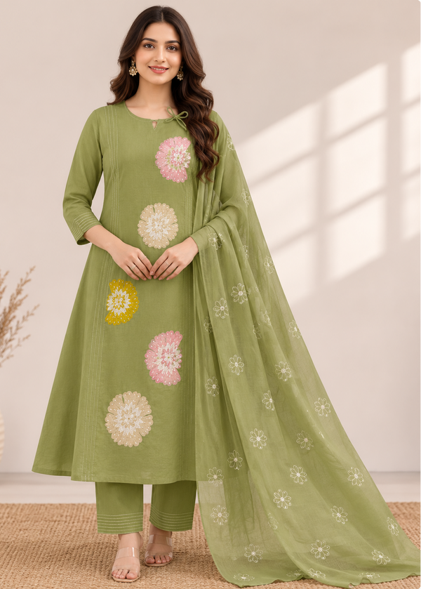 A woman models a sage green three-piece salwar kameez suit with floral embroidery. The set includes a long tunic with pink, yellow, and white embroidered motifs, matching green trousers, and a sheer green dupatta with small floral prints.