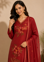 Maroon Malchanderi Floral Embroidered Kurta Set with Dupatta