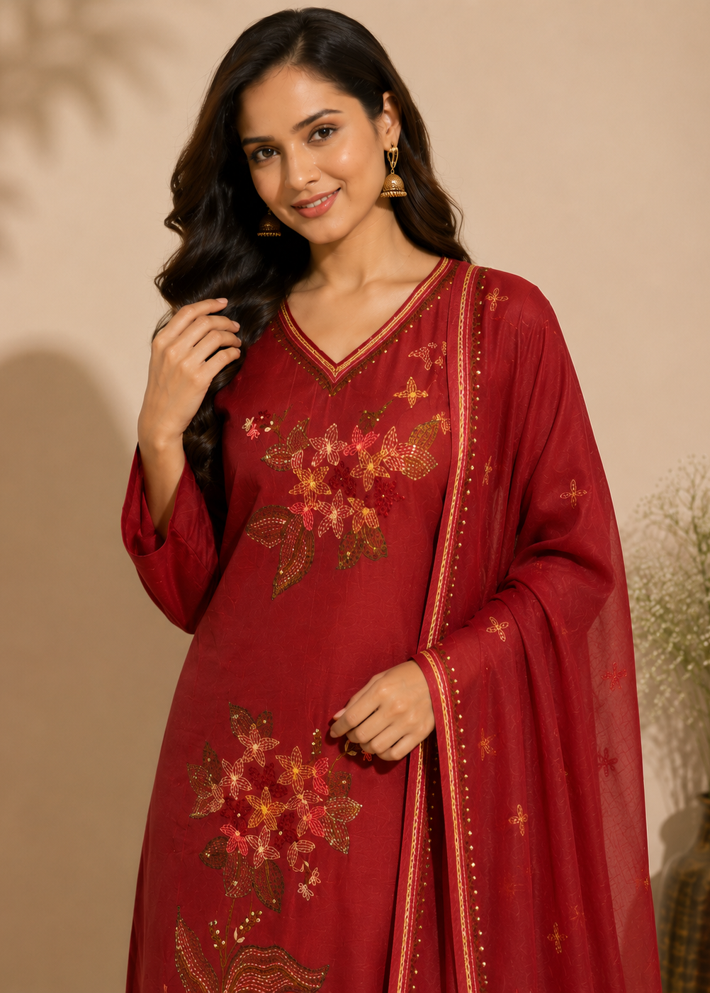 Maroon Malchanderi Floral Embroidered Kurta Set with Dupatta
