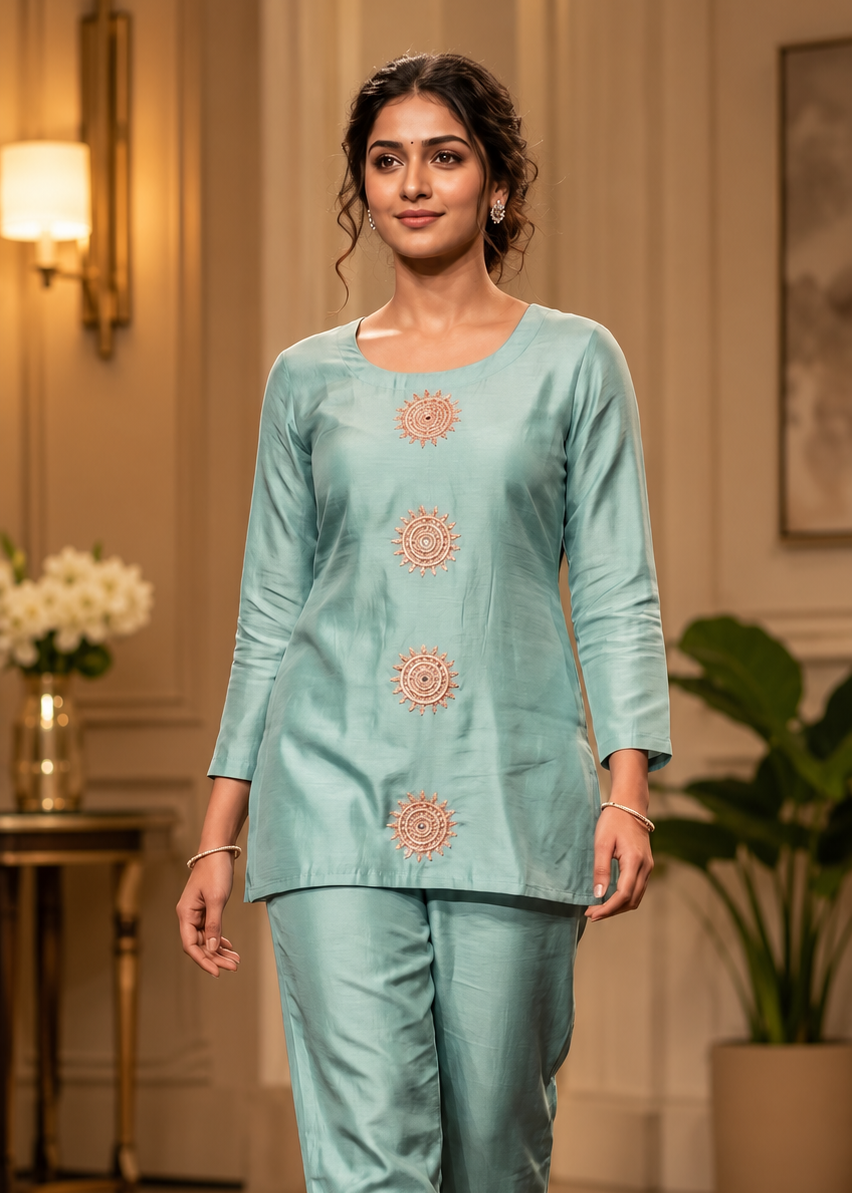 Pastel Teal Embroidered Kurta Pant Set