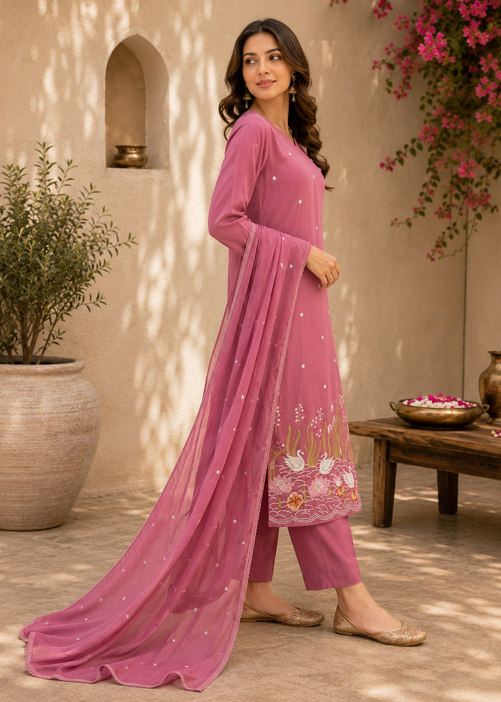 Traditional Rose Pink Ethnic Suit Set With Swan Inspired Embroidery