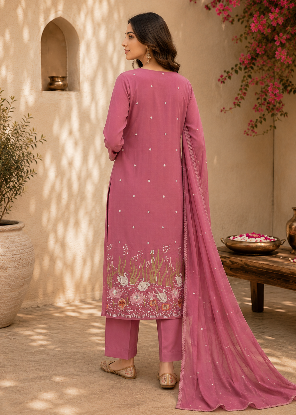 Traditional Rose Pink Ethnic Suit Set With Swan Inspired Embroidery