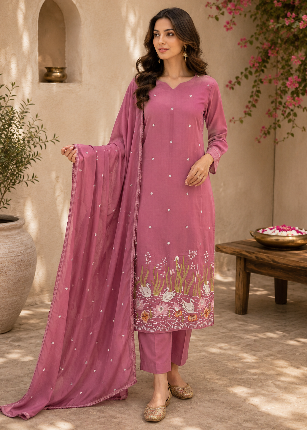 Traditional Rose Pink Ethnic Suit Set With Swan Inspired Embroidery