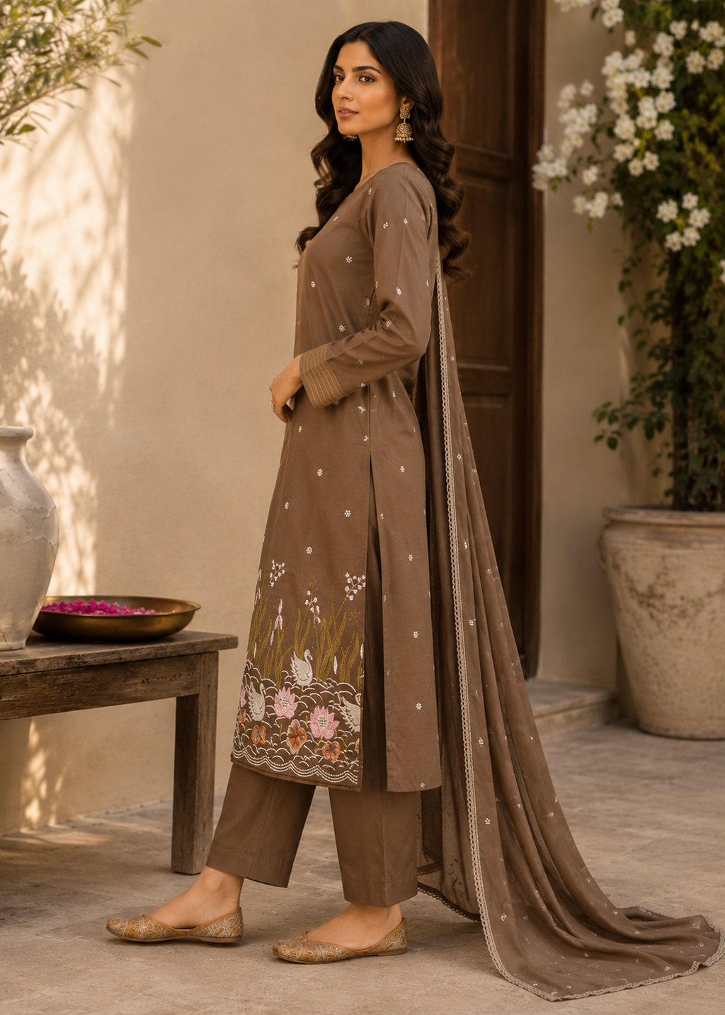 Mocha Brown Swan Embroidered Kurta Set With Embellished Dupatta
