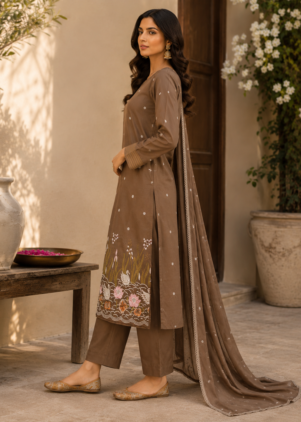 Mocha Brown Swan Embroidered Kurta Set With Embellished Dupatta