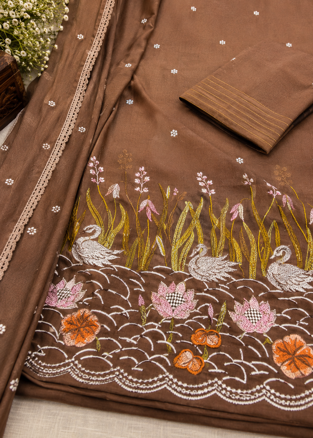 Mocha Brown Swan Embroidered Kurta Set With Embellished Dupatta