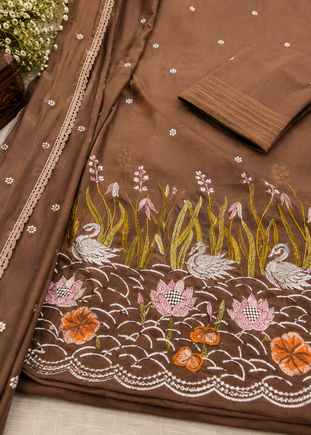 Mocha Brown Swan Embroidered Kurta Set With Embellished Dupatta