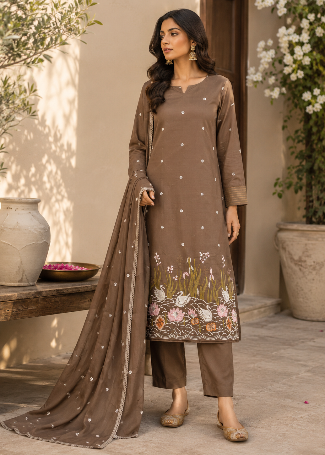 Mocha Brown Swan Embroidered Kurta Set With Embellished Dupatta