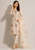 A woman models a traditional Indian outfit consisting of a cream-colored kurta and trousers with dusty rose floral embroidery, paired with a matching sheer dupatta, set against a plain light gray studio background.