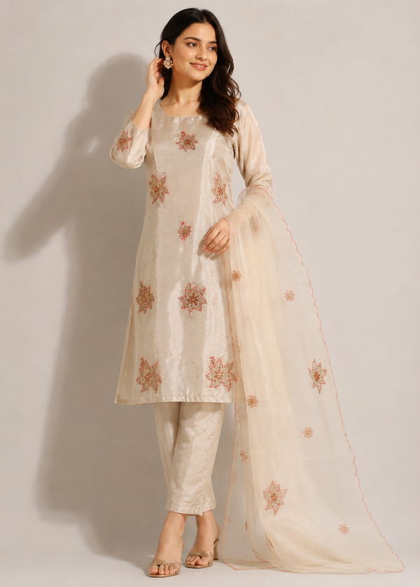 A woman models a traditional Indian outfit consisting of a cream-colored kurta and trousers with dusty rose floral embroidery, paired with a matching sheer dupatta, set against a plain light gray studio background.