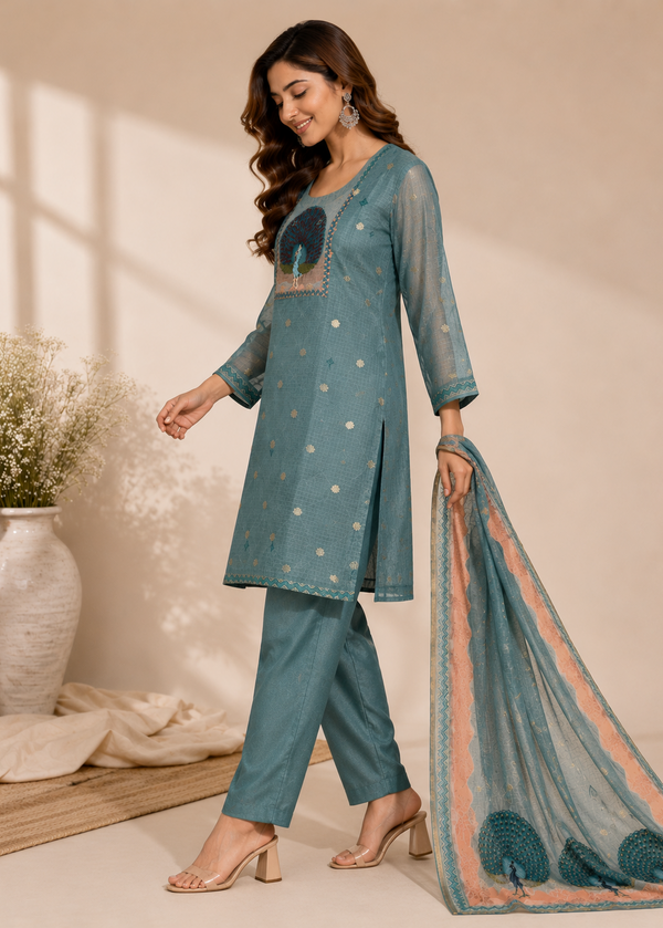 A woman models a teal blue ethnic three-piece suit set consisting of a kurta, pants, and a dupatta, styled in a warm beige room with soft window shadows.
