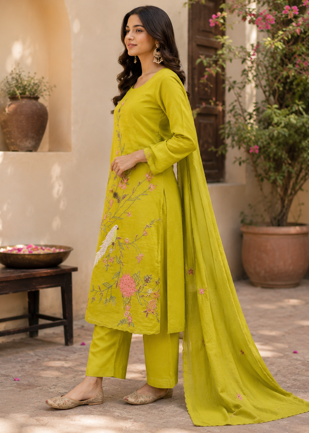 Lime Green Floral Bird Embroidered Kurta Set With Dupatta