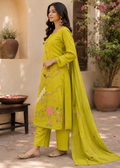 Lime Green Floral Bird Embroidered Kurta Set With Dupatta
