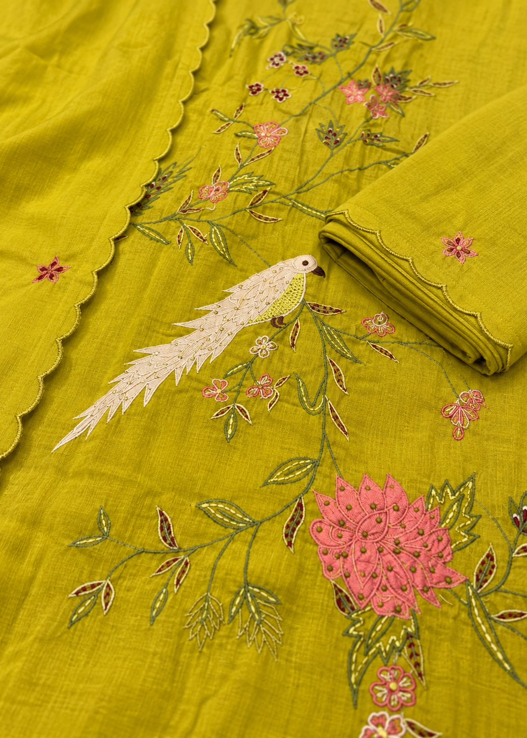 Lime Green Floral Bird Embroidered Kurta Set With Dupatta